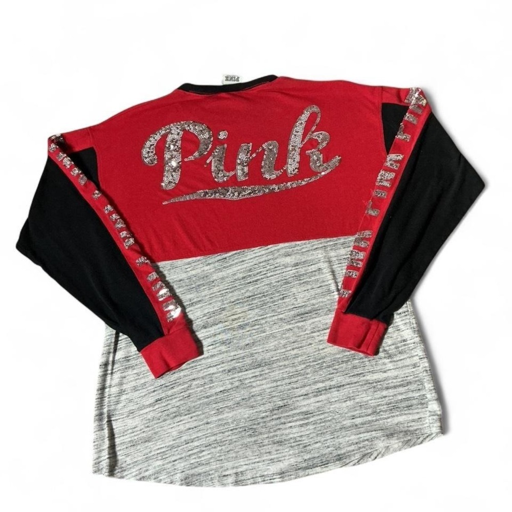 Y2K Victoria's Secret PINK Sequin Colorblock Varsity Long Sleeve Tee Red Grey‎ S